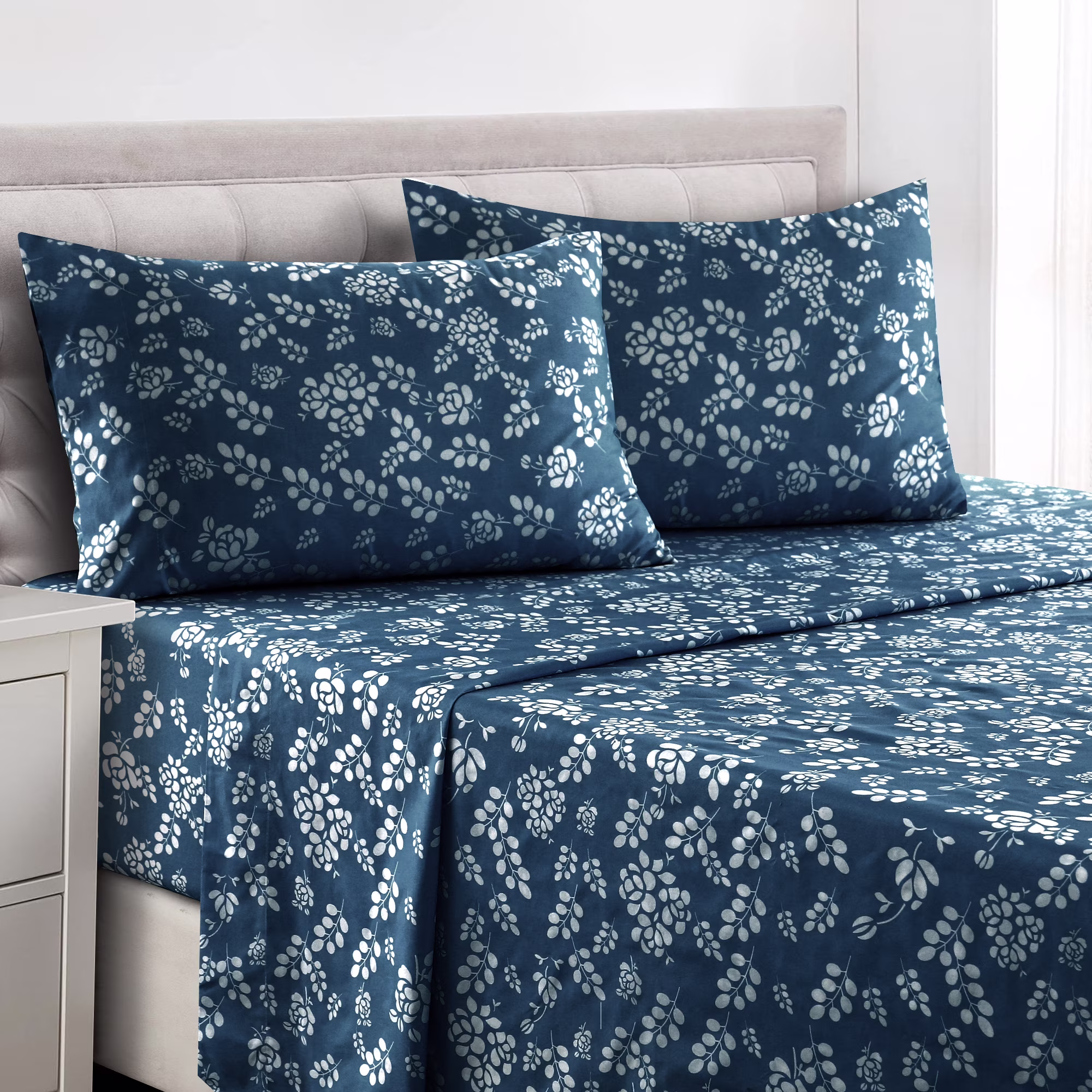 Lux-Decor-Collection-Bed-Sheets-4-Piece-Microfiber-Deep-Pocket-Queen-Sheets-Set-Floral-Navy-Blue_2130e00b-3244-4371-a918-c7a5cd3852a5.92168136148e0a1d8a20e77dc11980a7 Bed Sheets - Image 1