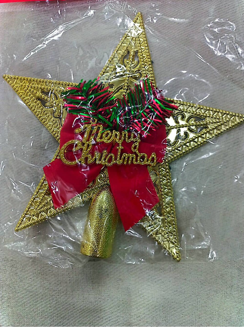 Plastis Top Star Christmas Tree Top Star with Red Ribbon - Image 1