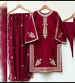 3 PCs Women's Unstitched Shamoz Silk Embroidered Suit