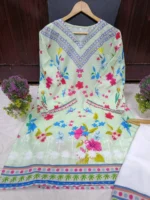 Pakistani Printed Green Kurta Set with White Pajama - Image 3