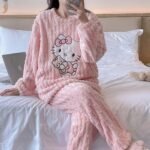 Women Fleece Hello Kitty Winter Pajamas Sweet Cartoon Home Wear - Image 2