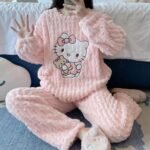 Women Fleece Hello Kitty Winter Pajamas Sweet Cartoon Home Wear - Image 3