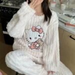 Women Fleece Hello Kitty Winter Pajamas Sweet Cartoon Home Wear - Image 4