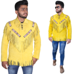 Handmade Original Cowhide Suede Fringe Leather Jacket Men - Traditional Native American Real Western Coat - Fringed Winter Yellow Leather Jackets