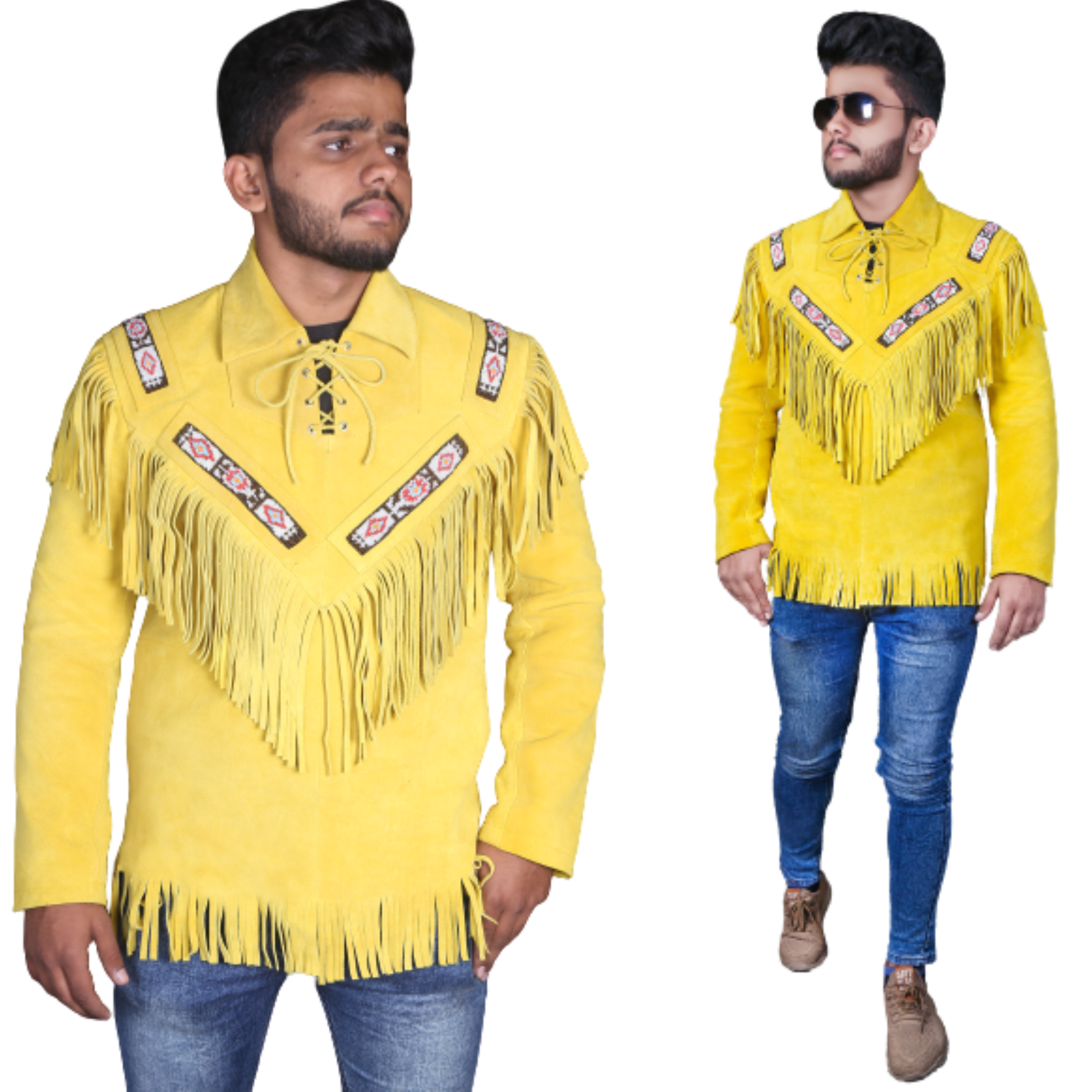 1117 Handmade Original Cowhide Suede Fringe Leather Jacket Men - Traditional Native American Real Western Coat - Fringed Winter Yellow Leather Jackets - Image 1