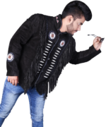 Genuine Cowhide Suede Fringe Leather Jacket Men - Traditional Native American Real Western Coat - Fringed and Beaded Winter Black Leather Jackets - Image 5