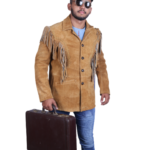 Handmade Genuine Cowhide Brown Suede Fringe Leather Jacket Men - Traditional Native American Western Coat