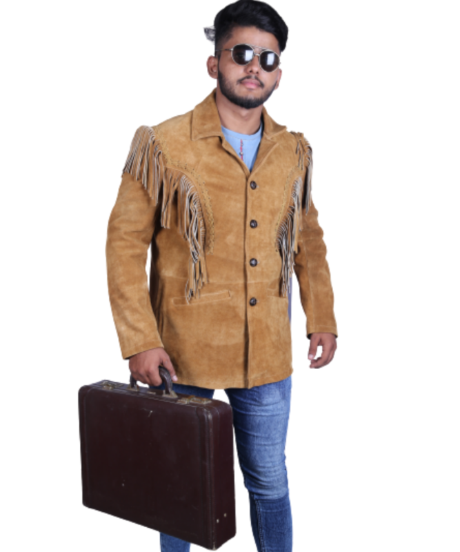 A handmade genuine cowhide leather jacket crafted in rich brown suede finish, designed for men with a traditional Native American Western aesthetic. The jacket features long decorative fringe along the sleeves, chest, and back, giving it a bold heritage-inspired look. Its structured yet comfortable fit makes it suitable for casual wear, cultural events, or themed occasions. The soft suede texture highlights premium craftsmanship and durability while maintaining a rugged vintage cowboy appeal for stylish outerwear lovers. (≈500 chars)