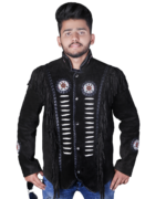 Genuine Cowhide Suede Fringe Leather Jacket Men - Traditional Native American Real Western Coat - Fringed and Beaded Winter Black Leather Jackets - Image 2