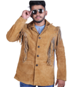 Handmade Genuine Cowhide Brown Suede Fringe Leather Jacket Men - Traditional Native American Western Coat - Image 4