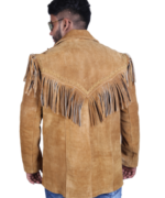 Handmade Genuine Cowhide Brown Suede Fringe Leather Jacket Men - Traditional Native American Western Coat - Image 3