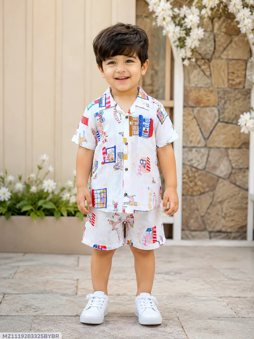 MZ1119203325BYBR-media-1 2 Pcs Boy's Cotton Lawn Printed Shirt And Shorts Set - Image 1