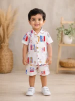 2 Pcs Boy's Cotton Lawn Printed Shirt And Shorts Set - Image 2