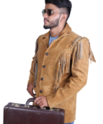 Handmade Genuine Cowhide Brown Suede Fringe Leather Jacket Men - Traditional Native American Western Coat - Image 5