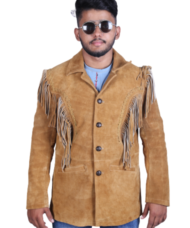 A traditional-inspired handmade men’s jacket crafted from genuine cowhide suede leather in a rich brown color. Designed with Native American Western influence, it includes long fringe detailing across sleeves, chest, and back for a bold, flowing visual effect. The jacket combines rugged durability with soft suede comfort, offering a timeless cowboy aesthetic. Suitable for western fashion styling, festivals, themed events, or collectors of authentic heritage-inspired leather garments. (≈500 chars)
