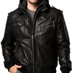Genuine Leather Windproof Bomber Fashion Jacket Men for Motorcycle Biker with Removable Hood