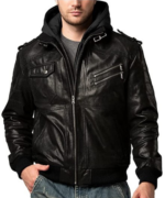 Genuine Leather Windproof Bomber Fashion Jacket Men for Motorcycle Biker with Removable Hood