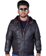 Men's Brown Genuine Leather Bomber Biker Jacket – Windproof Motorcycle Coat with Removable Hood - Image 3