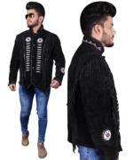 Genuine Cowhide Suede Fringe Leather Jacket Men - Traditional Native American Real Western Coat - Fringed and Beaded Winter Black Leather Jackets - Image 4