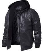 Genuine Leather Windproof Bomber Fashion Jacket Men for Motorcycle Biker with Removable Hood - Image 3