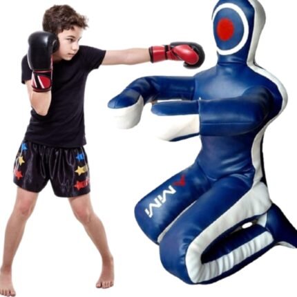 MMA Wrestling Kick Boxing Grappling Dummy for adults and kids, unfilled training dummy designed for mixed martial arts practice. Ideal for wrestling, grappling, takedowns, throws, ground-and-pound, judo, karate, kickboxing, BJJ, and self-defense training. Durable construction for home gyms, martial arts academies, fitness centers, and combat sports conditioning sessions.