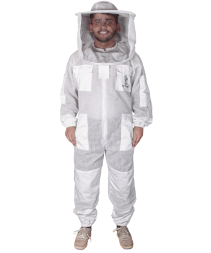 Breathable 3-layer mesh beekeeping suit designed for unisex use, featuring a protective round veil, secure fit, and superior ventilation for safe and comfortable beekeeping.