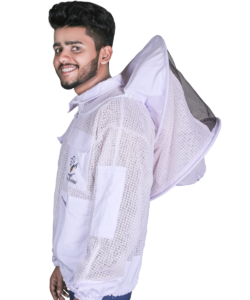 3 Layers Ultra Breeze Ventilated Beekeeping Bee Jacket for unisex beekeepers featuring a protective round veil, breathable triple-layer mesh construction, full front zipper, elastic cuffs, and sting-resistant design for maximum comfort and safety during hive inspections and honey harvesting.