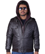 Men's Brown Genuine Leather Bomber Biker Jacket – Windproof Motorcycle Coat with Removable Hood - Image 2