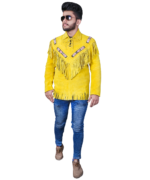 Handmade Original Cowhide Suede Fringe Leather Jacket Men - Traditional Native American Real Western Coat - Fringed Winter Yellow Leather Jackets - Image 4