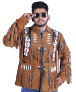 Handmade Genuine Suede Fringe Western Style Leather Jacket Men - Native American Beaded Coat - Image 3