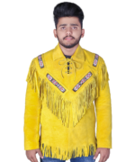 Handmade Original Cowhide Suede Fringe Leather Jacket Men - Traditional Native American Real Western Coat - Fringed Winter Yellow Leather Jackets - Image 5
