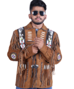 Handmade Genuine Suede Fringe Western Style Leather Jacket Men - Native American Beaded Coat - Image 2