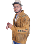 Genuine Suede Leather Fringe Jacket Men – Western Style Native American Beaded Coats / Jackets - Image 4