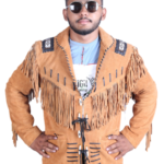 Real Suede Brown Mens Western Style Fringe Leather Jacket