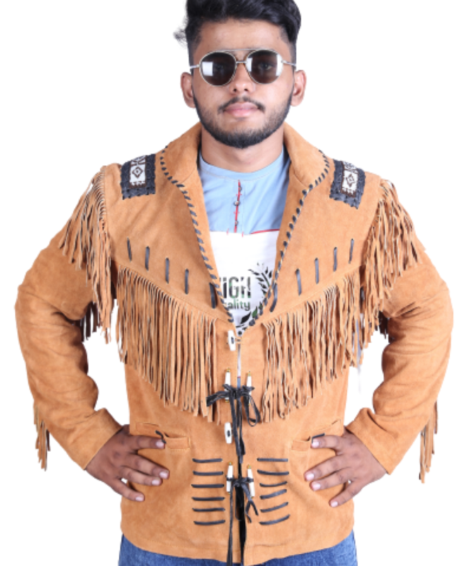 Real suede brown men’s western style fringe leather jacket crafted from premium quality suede leather, featuring classic cowboy design with long fringe detailing on sleeves and back. Stylish vintage western jacket for men with soft inner lining, durable stitching, and comfortable fit. Ideal for casual wear, biker fashion, rodeo events, and winter outfits. Perfect choice for western fashion lovers looking for rugged, stylish, and timeless leather outerwear.