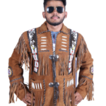 Handmade Genuine Suede Fringe Western Style Leather Jacket Men - Native American Beaded Coat