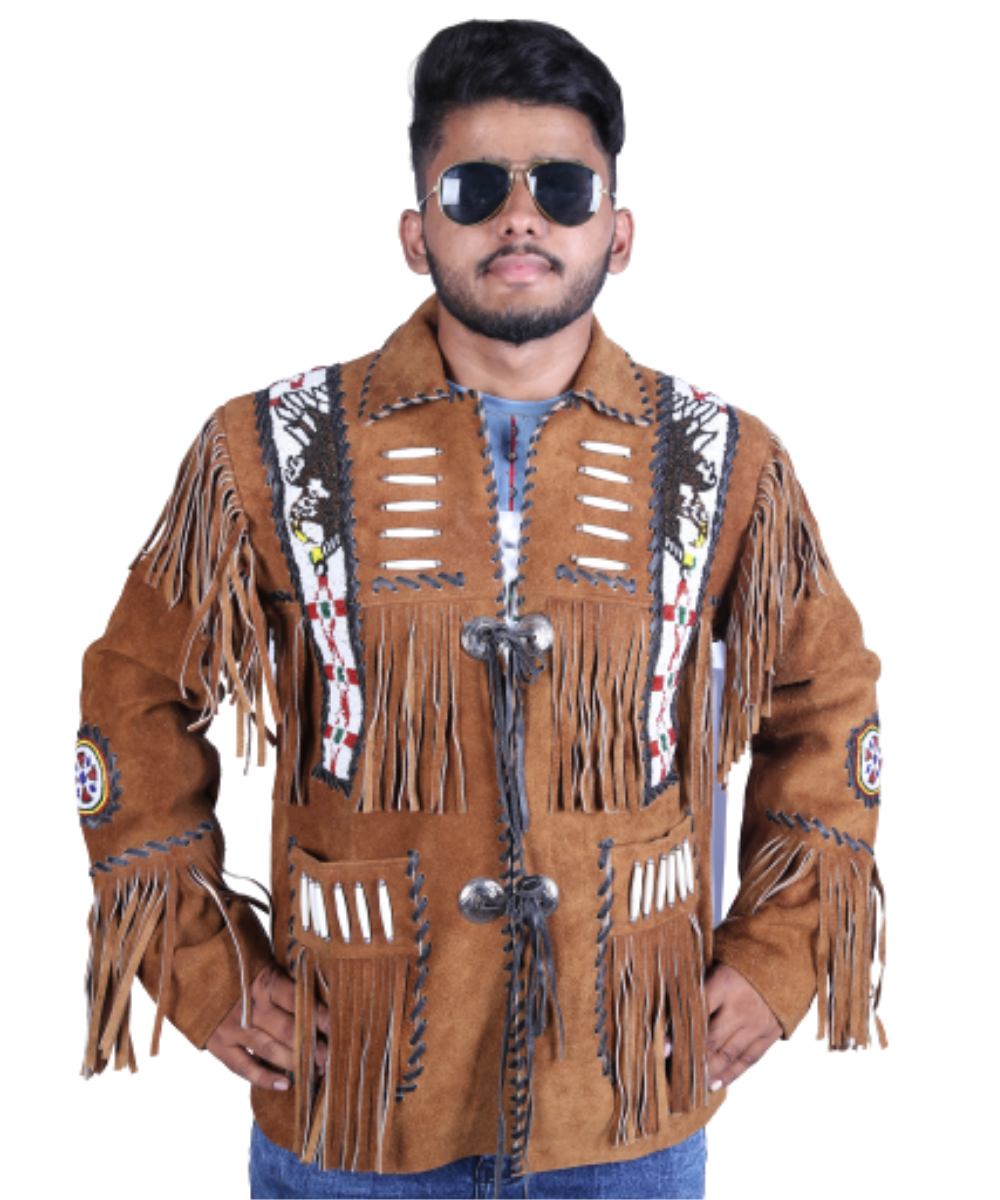 leather fringed jackets Handmade Genuine Suede Fringe Western Style Leather Jacket Men - Native American Beaded Coat - Image 1