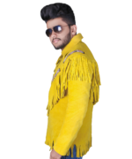 Handmade Original Cowhide Suede Fringe Leather Jacket Men - Traditional Native American Real Western Coat - Fringed Winter Yellow Leather Jackets - Image 6