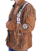 Handmade Genuine Suede Fringe Western Style Leather Jacket Men - Native American Beaded Coat - Image 5