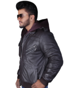 Men's Brown Genuine Leather Bomber Biker Jacket – Windproof Motorcycle Coat with Removable Hood - Image 6