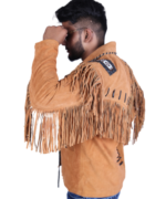 Real Suede Brown Mens Western Style Fringe Leather Jacket - Image 4