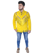 Handmade Original Cowhide Suede Fringe Leather Jacket Men - Traditional Native American Real Western Coat - Fringed Winter Yellow Leather Jackets - Image 3