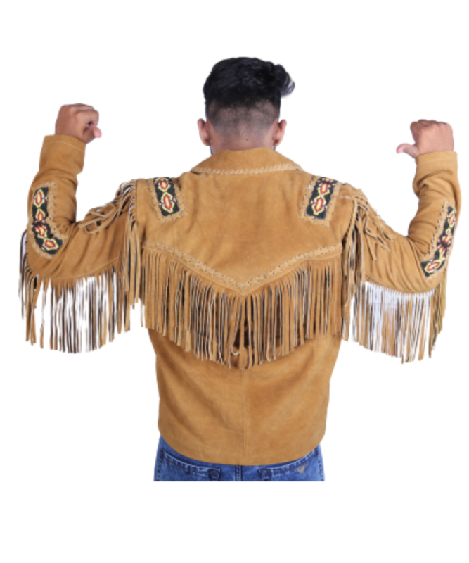 Premium men’s suede leather fringe jacket featuring Western-inspired Native American bead design, soft genuine suede material, and long tassel fringes across arms and back. This cowboy-style jacket delivers a vintage Americana look, ideal for winter outfits, concerts, festivals, and casual wear. A timeless western coat blending traditional craftsmanship with modern fashion trends for men.