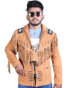 Real Suede Brown Mens Western Style Fringe Leather Jacket - Image 3