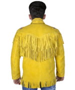 Handmade Original Cowhide Suede Fringe Leather Jacket Men - Traditional Native American Real Western Coat - Fringed Winter Yellow Leather Jackets - Image 2
