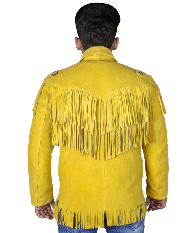 Traditional Native American-inspired men's cowhide suede leather jacket handcrafted from genuine premium leather in a rich yellow finish. Designed with classic Western fringe detailing on the sleeves, chest, and back, this authentic winter coat combines heritage craftsmanship with rugged durability. The soft suede texture provides warmth and comfort while delivering a timeless cowboy aesthetic suitable for outdoor adventures, festivals, ranch wear, and everyday Western fashion.