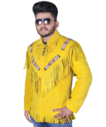 Handmade Original Cowhide Suede Fringe Leather Jacket Men - Traditional Native American Real Western Coat - Fringed Winter Yellow Leather Jackets - Image 7