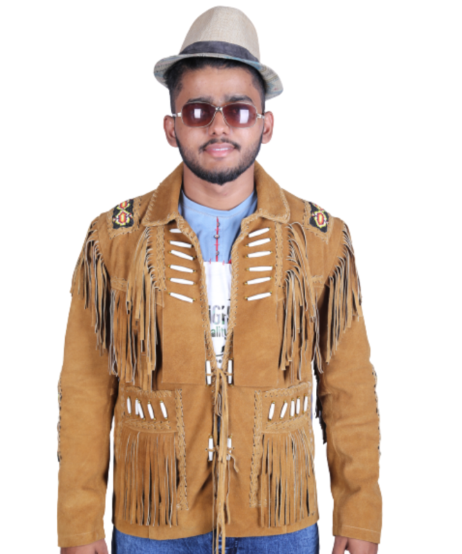 Men’s genuine suede leather fringe jacket designed in traditional Western cowboy style with intricate Native American beadwork, long flowing fringes, and durable craftsmanship. This stylish suede coat offers a vintage rugged look, perfect for bikers, ranch wear, country events, and outdoor fashion. A premium western jacket combining comfort, heritage design, and bold masculine appeal for modern fashion lovers.