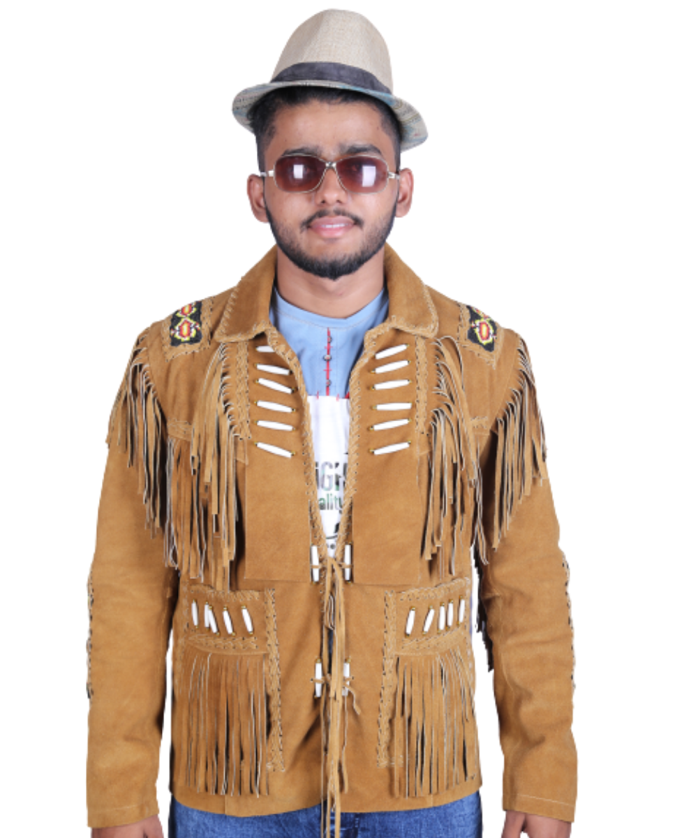 western fringe jacket Genuine Suede Leather Fringe Jacket Men – Western Style Native American Beaded Coats / Jackets - Image 1