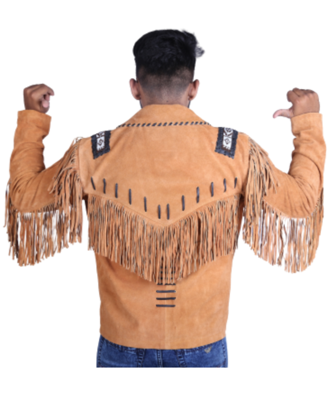 Stylish men’s brown suede fringe leather jacket with western cowboy design, crafted from genuine suede for a soft and luxurious feel. Features detailed fringe work on sleeves and back, strong stitching, and comfortable fit. Perfect for rodeo events, casual wear, biker fashion, and winter styling. This western leather jacket combines vintage charm with modern durability, making it an essential wardrobe piece for men.